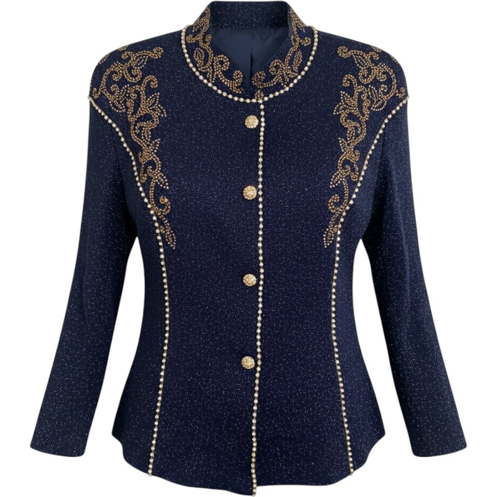Donna Vinci Knits Vintage Navy Blue Gold Metallic Rhinestone Skirt Suit Set 18